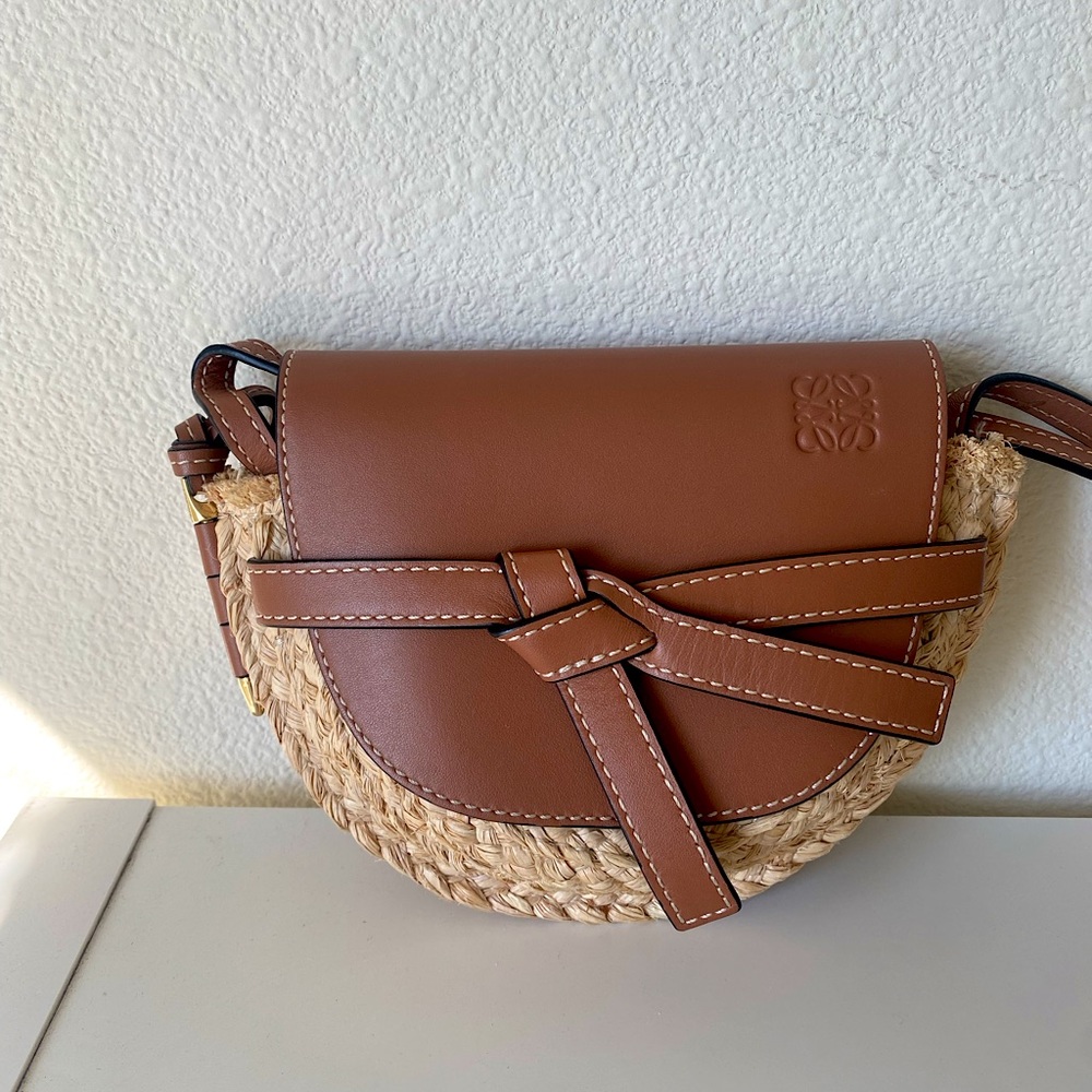 Loewe Brown Leather & Natural Straw Gate Crossbody Bag